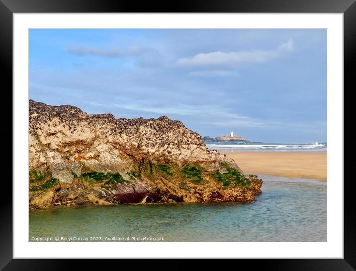 Marvel at Godrevy Lighthouse on Gwithian Beach Framed Mounted Print by Beryl Curran