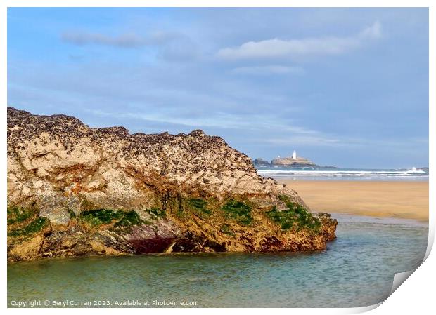 Marvel at Godrevy Lighthouse on Gwithian Beach Print by Beryl Curran