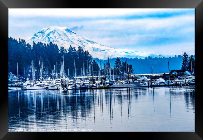 Mount Rainier Sailboats Reflection Gig Harbor Washington State Framed Print by William Perry