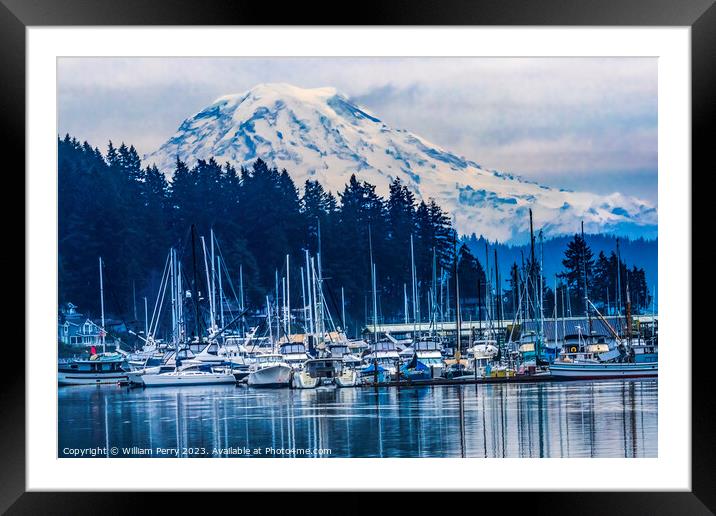 Mount Rainier Sailboats Reflection Gig Harbor Washington State Framed Mounted Print by William Perry