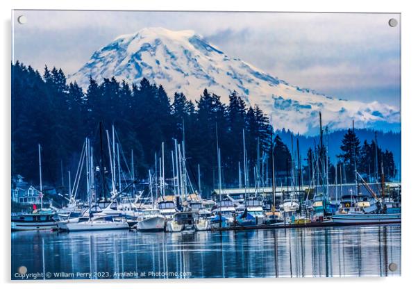 Mount Rainier Sailboats Reflection Gig Harbor Washington State Acrylic by William Perry