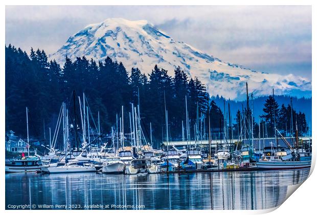 Mount Rainier Sailboats Reflection Gig Harbor Washington State Print by William Perry