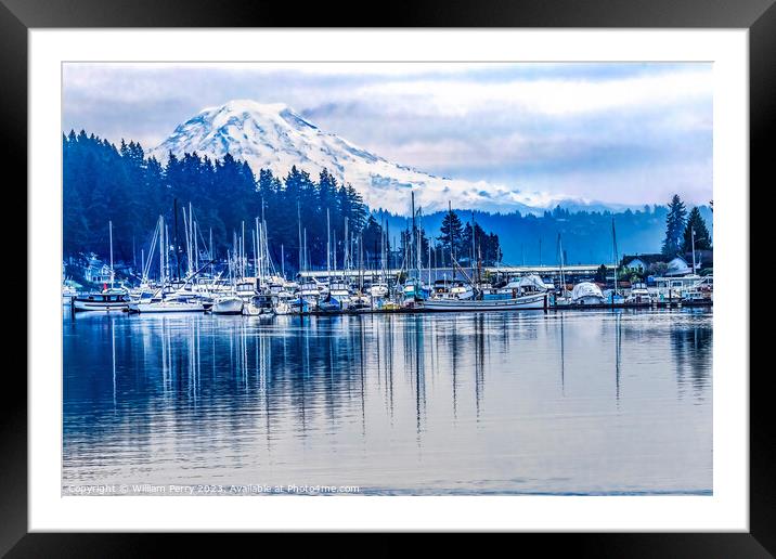 Mount Rainier Sailboats Reflection Gig Harbor Washington State Framed Mounted Print by William Perry