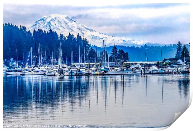 Mount Rainier Sailboats Reflection Gig Harbor Washington State Print by William Perry