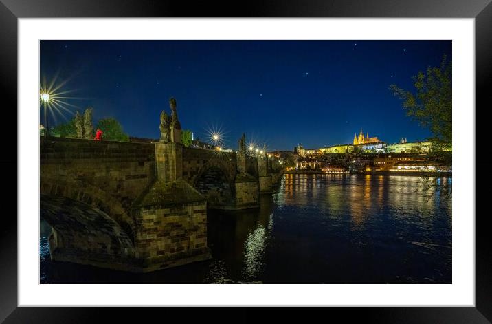 Panoramic cityscape view of Charles Bridge over Vltava river locate in Prague in Czech Republic during night sky Framed Mounted Print by Arpan Bhatia