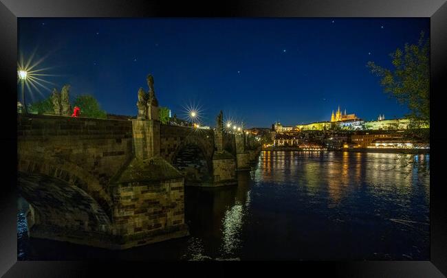Panoramic cityscape view of Charles Bridge over Vltava river locate in Prague in Czech Republic during night sky Framed Print by Arpan Bhatia