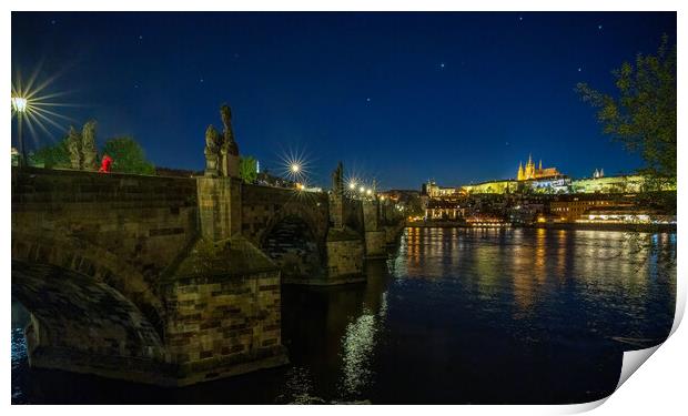 Panoramic cityscape view of Charles Bridge over Vltava river locate in Prague in Czech Republic during night sky Print by Arpan Bhatia