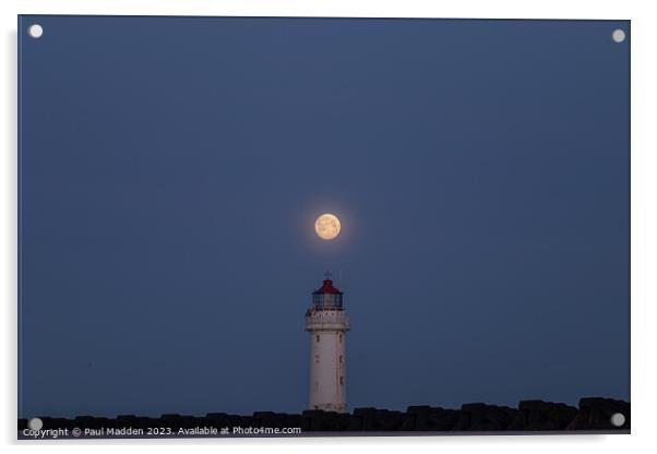 Full moon and New Brighton lighthouse Acrylic by Paul Madden