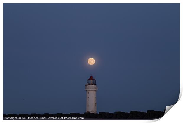 Full moon and New Brighton lighthouse Print by Paul Madden