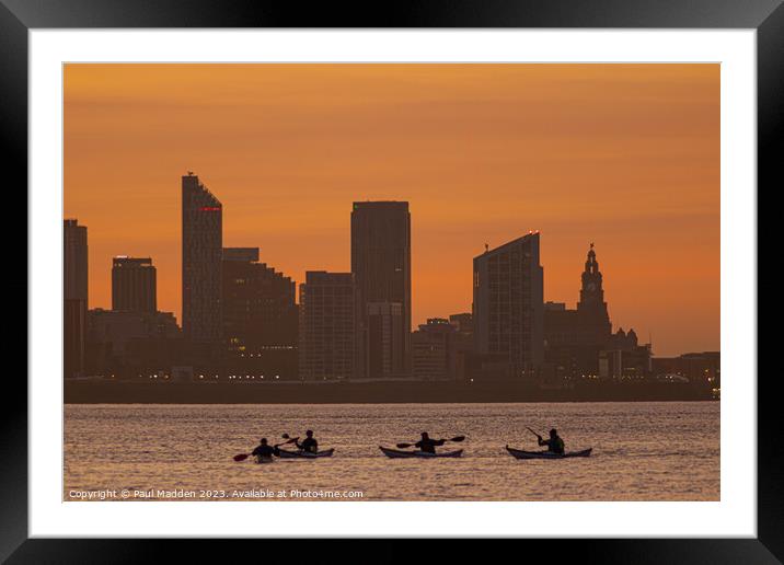 Liverpool waterfront sunrise from New Brighton and kayakers Framed Mounted Print by Paul Madden
