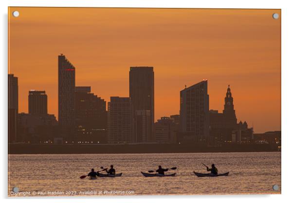 Liverpool waterfront sunrise from New Brighton and kayakers Acrylic by Paul Madden