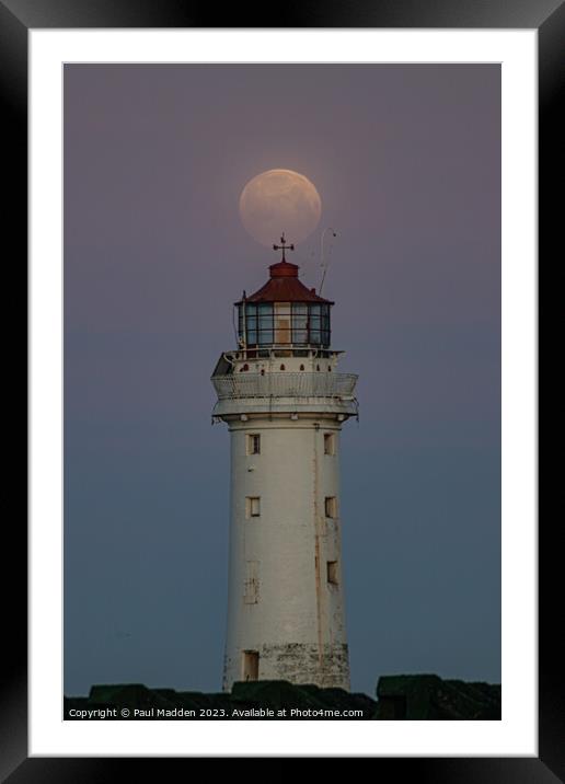 New Brighton lighthouse and full moon Framed Mounted Print by Paul Madden