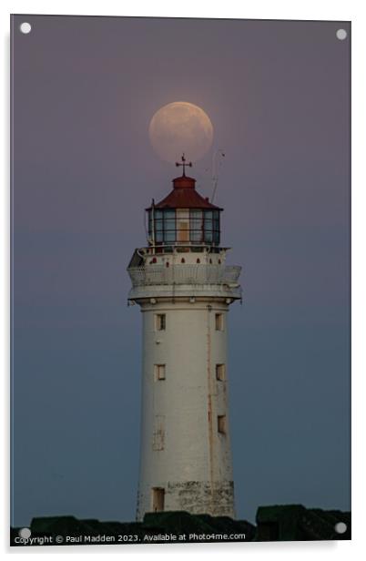 New Brighton lighthouse and full moon Acrylic by Paul Madden
