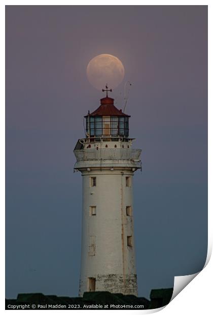 New Brighton lighthouse and full moon Print by Paul Madden