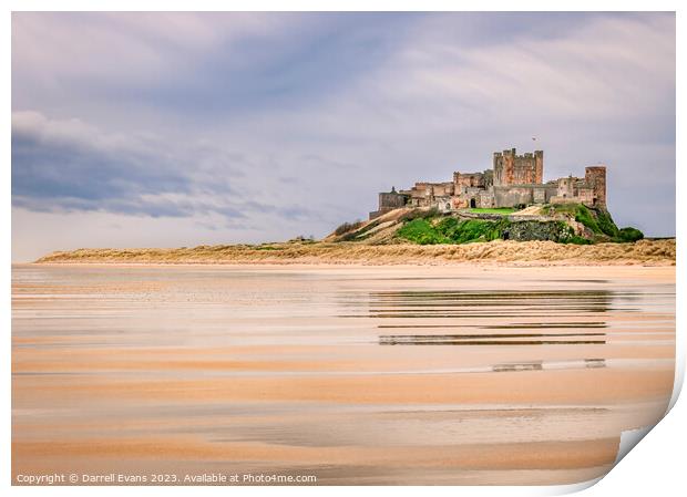 Across the sand to Bamburgh Castle Print by Darrell Evans