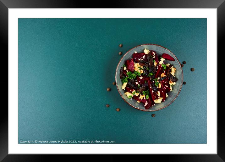 Beetroot salad with wallnuts and cheese,space for text. Framed Mounted Print by Mykola Lunov Mykola