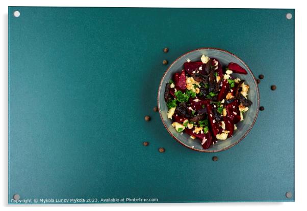 Beetroot salad with wallnuts and cheese,space for text. Acrylic by Mykola Lunov Mykola