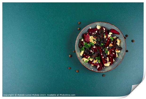 Beetroot salad with wallnuts and cheese,space for text. Print by Mykola Lunov Mykola
