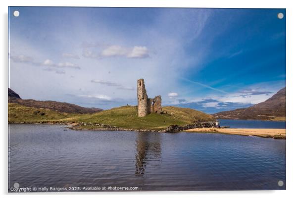 Ardvreck Castle in Scotland a ruin on the Loch Assynt, now a ruin and tourist attraction  Acrylic by Holly Burgess