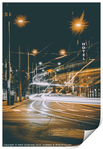 Tram & Traffic Light Trails Through Oslo City Centre Print by Peter Greenway