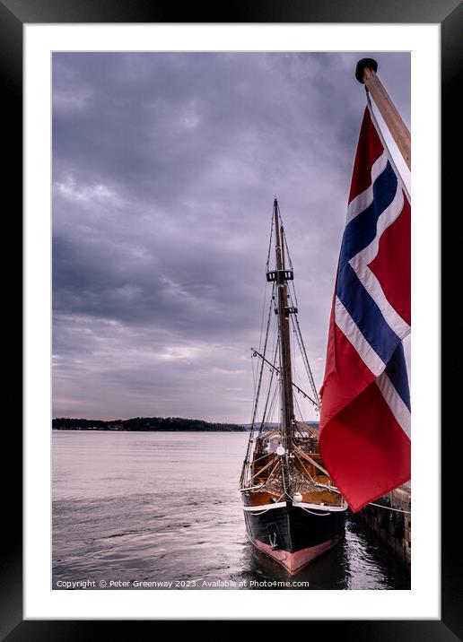 Schooner Fishing Sail Boat & The Norwegian Flag In Oslo Harbour Framed Mounted Print by Peter Greenway