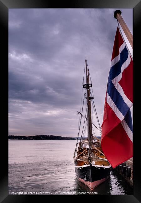 Schooner Fishing Sail Boat & The Norwegian Flag In Oslo Harbour Framed Print by Peter Greenway