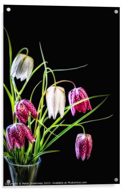 A Vase Of Purple & Cream Snake's Head Fritillary F Acrylic by Peter Greenway