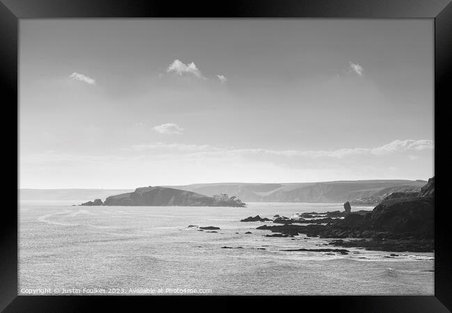 Burgh Island in black and white Framed Print by Justin Foulkes