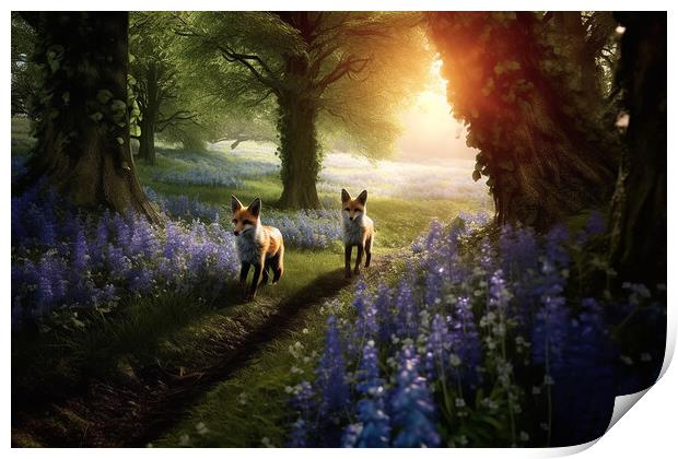 Foxes in the Bluebell Woods Print by Picture Wizard