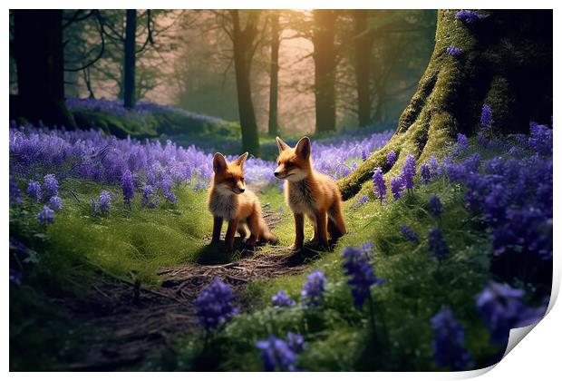 Foxes in the Bluebells Print by Picture Wizard