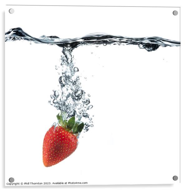 Vibrant Red Strawberry Dropped in Clear Water Acrylic by Phill Thornton