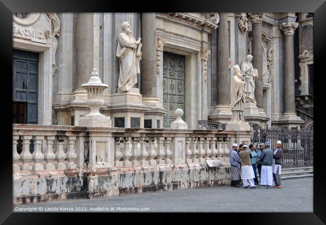 Gathering in front of the Cathedral - Catania Framed Print by Laszlo Konya