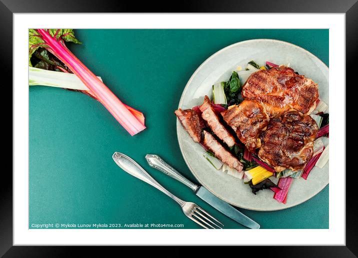 Meat steak with green salad. Framed Mounted Print by Mykola Lunov Mykola