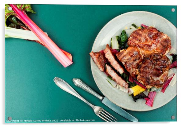 Meat steak with green salad. Acrylic by Mykola Lunov Mykola