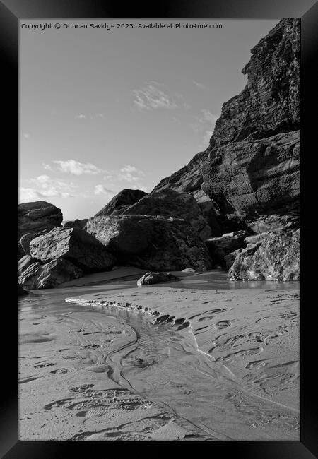 Chapel Porth, Cornwall golden sand back and white Framed Print by Duncan Savidge