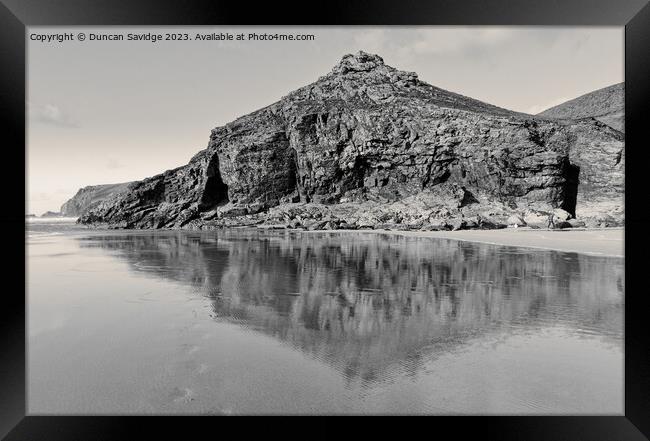 The Cliffs At Chapel Porth reflected in the sand b Framed Print by Duncan Savidge