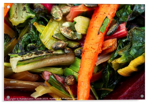 Diet salad of stewed vegetables, food background. Acrylic by Mykola Lunov Mykola