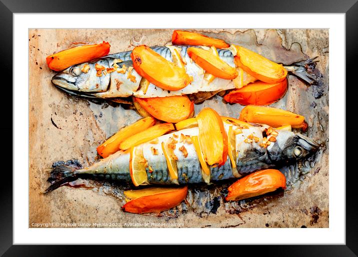 Scomber fish baked with fruits. Framed Mounted Print by Mykola Lunov Mykola