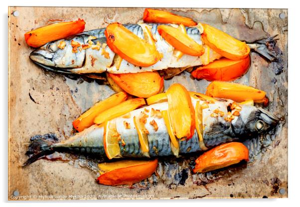 Scomber fish baked with fruits. Acrylic by Mykola Lunov Mykola