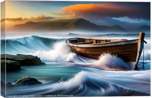 Boat Caught In Stormy Seas  Canvas Print by Adrian Evans