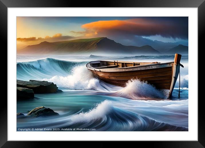 Boat Caught In Stormy Seas  Framed Mounted Print by Adrian Evans