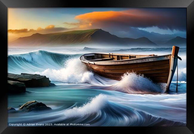 Boat Caught In Stormy Seas  Framed Print by Adrian Evans