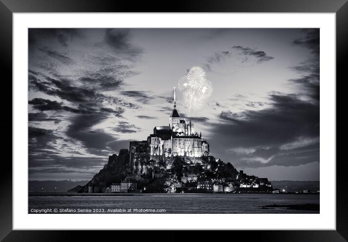 Mount Saint Michel at night Black and White Framed Mounted Print by Stefano Senise