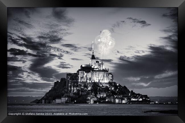 Mount Saint Michel at night Black and White Framed Print by Stefano Senise