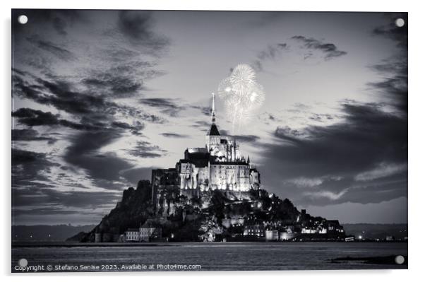 Mount Saint Michel at night Black and White Acrylic by Stefano Senise