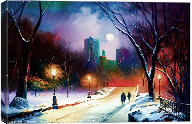 Central Park At Night In Winter With Moon Canvas Print by Robert Deering