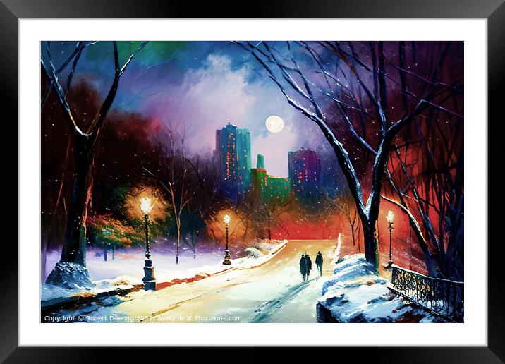 Central Park At Night In Winter With Moon Framed Mounted Print by Robert Deering