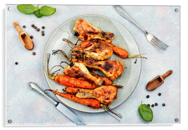 Baked chicken drumstick, legs with carrots Acrylic by Mykola Lunov Mykola