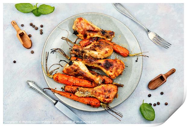 Baked chicken drumstick, legs with carrots Print by Mykola Lunov Mykola