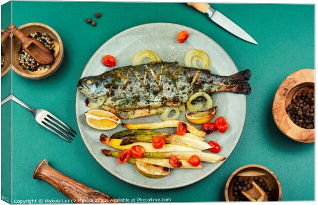 Roasted trout with baked asparagus Canvas Print by Mykola Lunov Mykola
